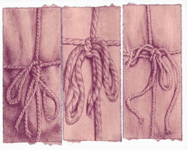 Kim Spooner Wrapped in brown paper and tied with string, 2025 Watercolour and conte sepia chalk on cotton paper 21 x 29.7cm (19.5 x 8.4cm each panel)