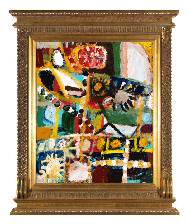 James Drinkwater Lunch with the director, Ristorante Rivafiorita, 2025 Oil on linen with Venetian school frame 86 x 71cm