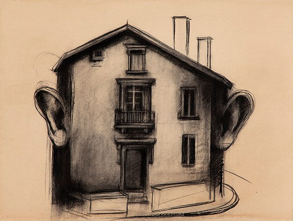 Jody Graham The Walls have Ears , 2022 Charcoal on paper 56 x 76cm