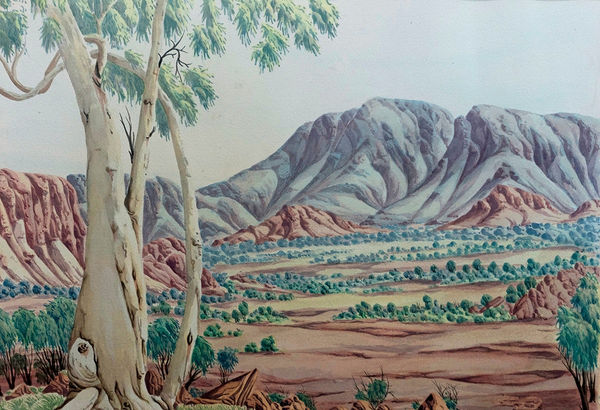 Kumantji (Hubert) Pareroultja Gum Tree and Mount Zeil (CAT: 28-23) , 2023 Watercolour on paper 102.5 x 131.5 cm framed