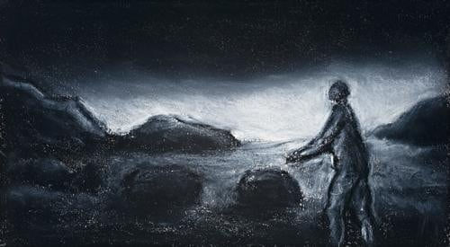 Peter Booth Drawing (Figure in Rocky Landscape) , c.1989 Pastel on paper 15 x 27.cm