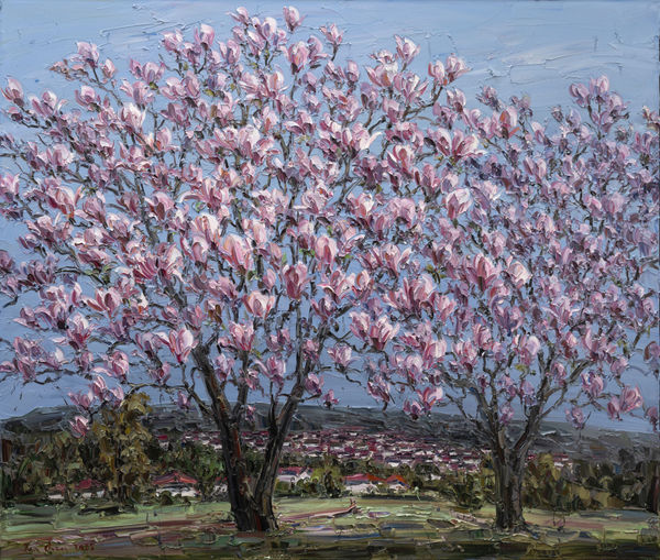 Jun Chen Two magnolia trees, 2025 oil on canvas 137 x 160cm