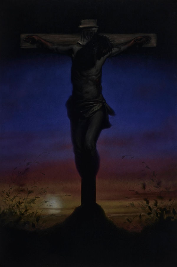 Leslie Rice Golgotha Sunset, 2022 Acrylic on black velvet 183 x 122cm Framed 224 X 162cm