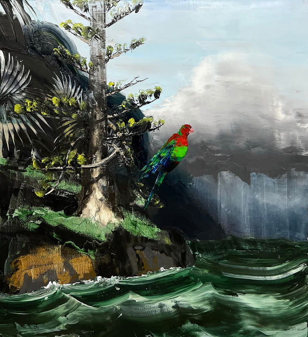 Paul Ryan Rosella and Rain , 2022 Oil on Linen 122 x 112cm