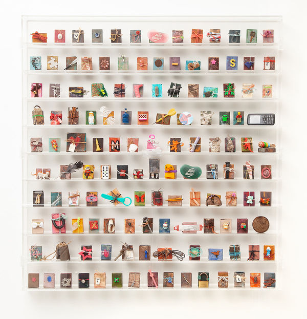 Jody Graham Treasures of Truth - Wild Thing 1, 2024 Installation in acrylic cabinet, over one hundred decorated boxes, small bottles and objects containing personal inventory notes 107cm x 112cm