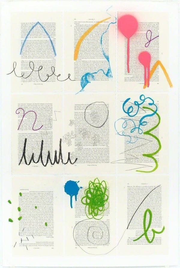 Jacob Ouillette Seducers Diary 2 IV, 2017 Pencil, pen, permanent marker, watercolor, charcoal, chalk pastel, acrylic and spray paint on book pages on paper 28 x 18 3/4 in. 30 x 20 in. Framed