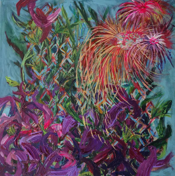 Erin Treacy Intertwining Nature, 2020 Marker, acrylic, and oil on panel 10 x 10 in. 25.4 x 25.4 cm.