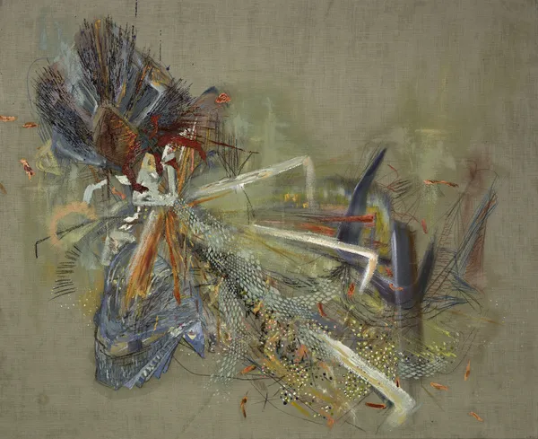 Erin Treacy Sliced Down the Center, 2017 Pencil, Conte, marker, ink, acrylic and oil on dyed linen 44 x 54 in. 111.8 x 137.2 cm.