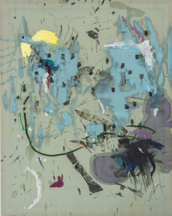 Bas van den Hurk So I Cut Off My Hair and I Rode Straight Away (For Jackie), 2017 Silkscreen, oil paint, dye and pigment on silk 59 x 47 1/5 in. 149.9 x 119.9 cm.