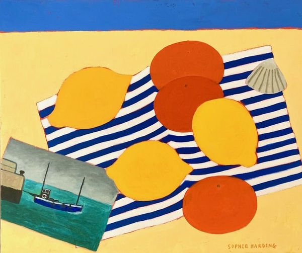 Lemon, Oranges, Limpet Shell and Postcard, 2025 Acrylic on canvas