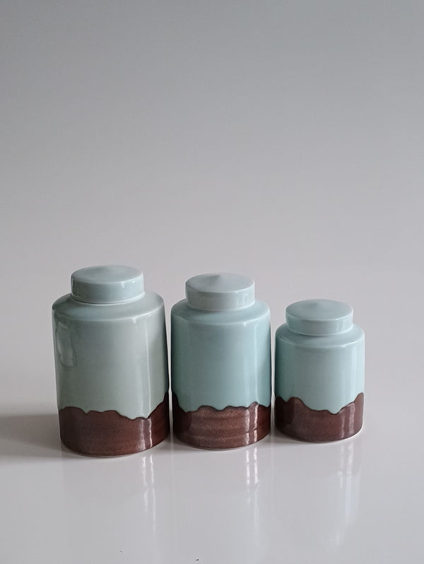 Celadon and Red Lidded Jar (largest/left)), 2025 Porcelain