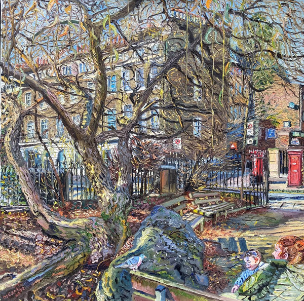 Melissa Scott-Miller, February Sunshine in Colebrook Row, Islington with Young Mother and Baby