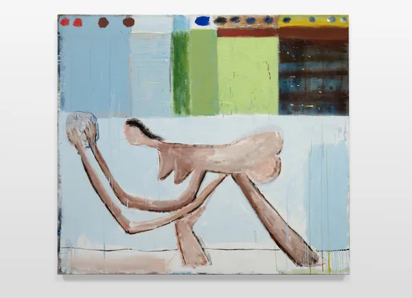 Sally Anderson PP's woman holding with quilt sky, 2025 acrylic on linen 137 x 153 cm