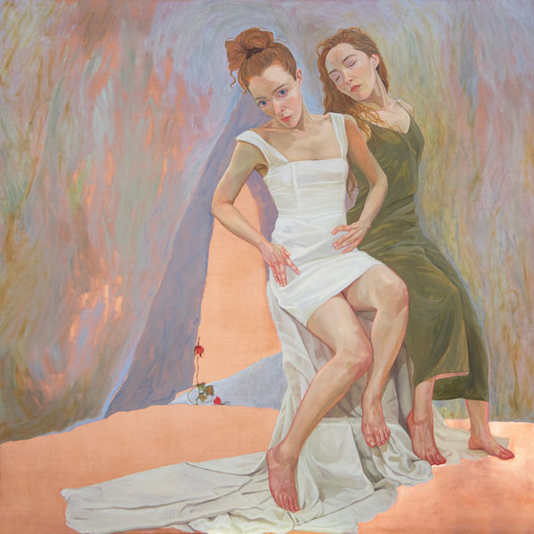 Natasha Walsh The Voyeur (formerly Untitled), 2023 oil on copper 60 x 60 cm / 79.5 x 78.5 x 3.5 cm (framed) Sitter: Natasha Walsh Reference: Egon Schiele, The Hermits (Self-portrait with Gustav Klimt) (1912)