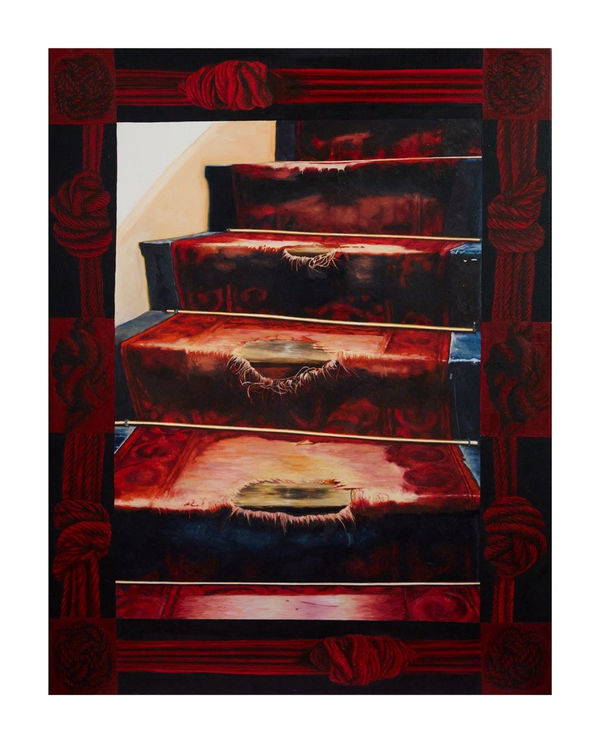 Savannah Jarvis Knotted, overworked and worn, 2025 oil on polycotton 91.5 x 71.5 cm