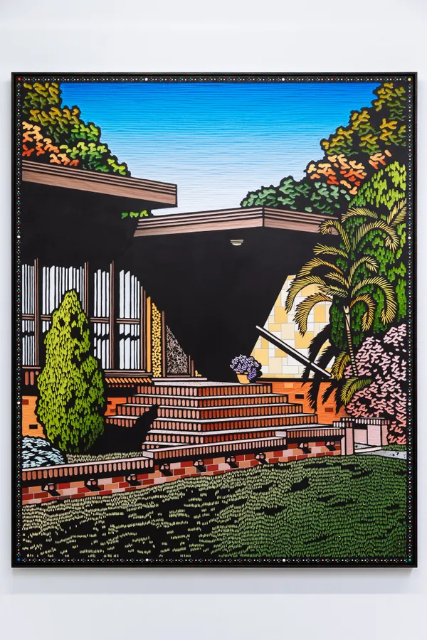 Christopher Zanko THE TRAPS, 2026 acrylic on wood relief carving, acrylic rhinestones 150 x 122 cm