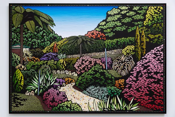 Christopher Zanko GROUNDING ZONE, 2026 acrylic on carved woodblock, acrylic rhinestones 122 x 176 cm