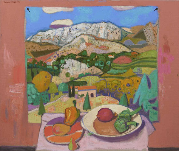 Leon Morrocco RSA RGI, Still Life in Pink Farmhouse and Three White Clouds