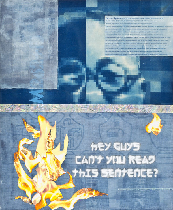 Jong YuGyong After Potemkin Villages #2, 2021 Mother of pearl, acrylic paint, collage on Cyanotype on cotton mounted on wooden frame 60.6 x 50 x 2 cm