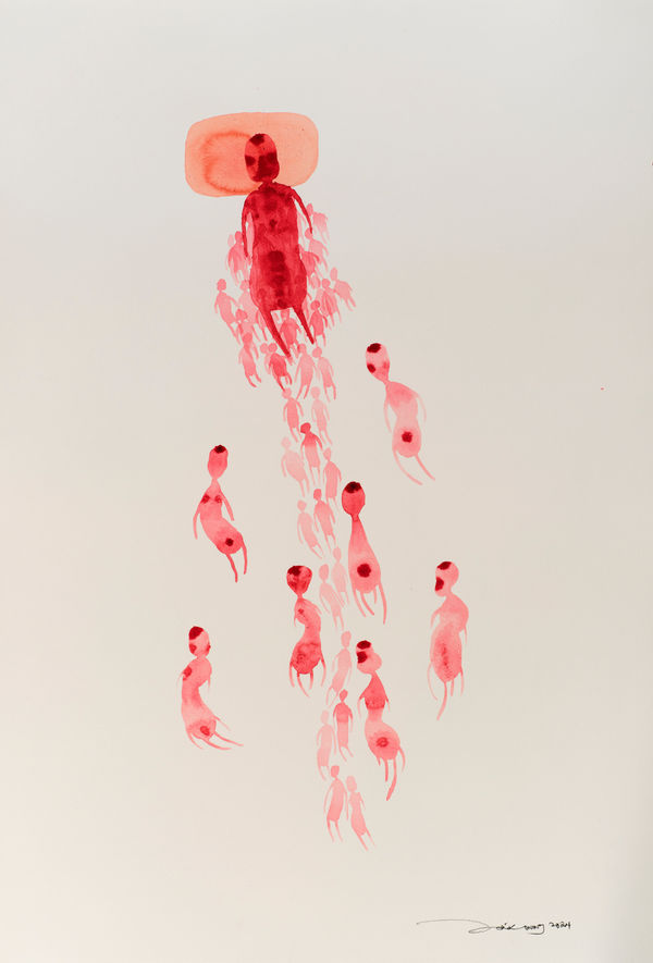 Zai Kuning RED 4 - For the pillow we know through smell, 2024 Batik dye on paper 82 x 54.5 cm