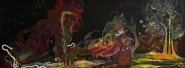 Rina Banerjee Like a circus of strings smoke made into lace mother hand,like natures song gifted fortune and finger limber made him magic and wonderous in cloth then to wonder who he could be?, 2025 Acrylic on canvas 91.5 x 244 cm