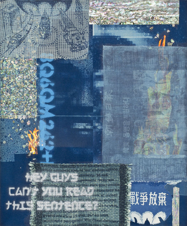 Jong YuGyong After Potemkin Villages #1, 2021 Mother of pearl, acrylic paint, collage on Cyanotype on cotton mounted on wooden frame 60.6 x 50 x 2 cm