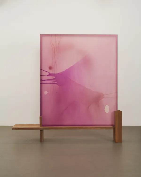 Guo-Liang Tan Both Directions At Once, 2021 Acrylic on aeronautical fabric, balau wood 210 x 229.6 x 37 cm [Painting: 180 x 165 cm / Wooden stand: 30 x 229.6 x 37 cm]