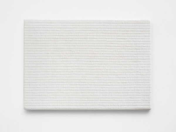 Zhao Yao A Few Ordinary Parallel Lines 24.S.02_110176 15,14,14,15,15,16,15,14,16,15;15,14,15,15,15,14,14,14,14,15; 15,16,15,15,15,14,15,14,14,15;15,14,15,15,15,14,15,12,15., 2024 Eggshells, linen, soft gel (matte), carbon paper 21.3 x 30 x 2.3 cm