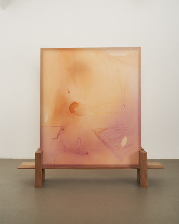 Guo-Liang Tan Ambient Visions, 2021 Acrylic on aeronautical fabric, balau wood 204 x 237 x 50 cm [Painting: 180 x 165 cm / Wooden Stand: H50 x L237 x W50 cm]