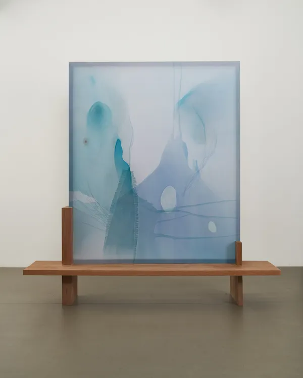 Guo-Liang Tan Altar Dance, 2021 Acrylic on aeronautical fabric, balau wood 210 x 230 x 64.5 cm [Painting: 180 x 165 cm / Wooden stand: H85 x L230 x W64.5 cm]