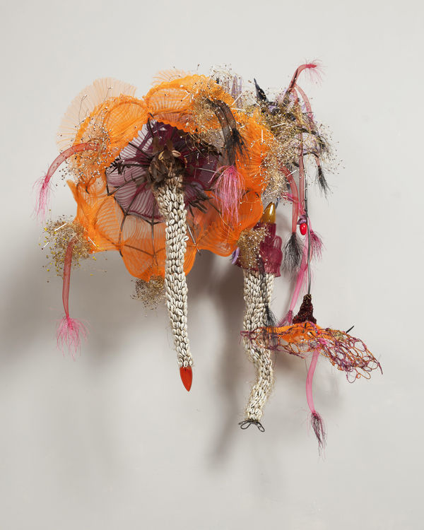 Rina Banerjee Mangroves of Alien and Native froze and foamed, rose and rose, opened and closed and one in all grew calm who knew, 2014 Steel, plastic, nylon, light bulbs, shells, wire, cotton thread, feather 133.5 (h) x 69.5(w) x 80.3 (d) cm