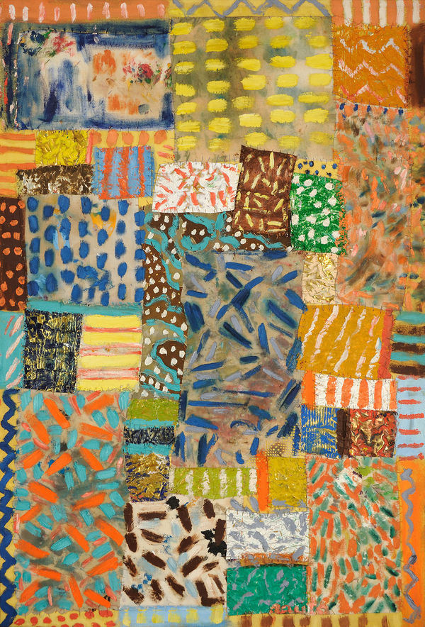 I knew you had blues (I play with the blues, greens, oranges and yellows), 2002 Oil, painted cloth, painted tin, stitched on canvas 37 x 26 in