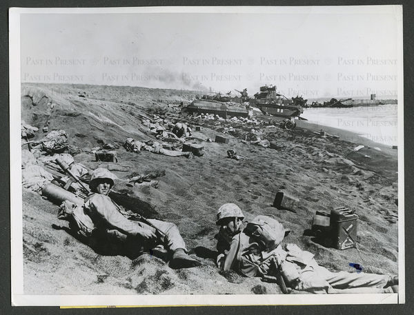 Joe Rosenthal, “Blistering Jap Fire Pins Marines on Iwo Jima Beach.” 22 February 1945., 1945