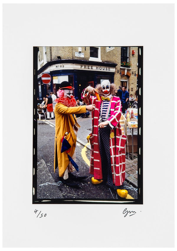 Guy Moberly, Damien Hirst and Angus Fairhurst at the Fete Worse than Death dressed as Clowns., 2012