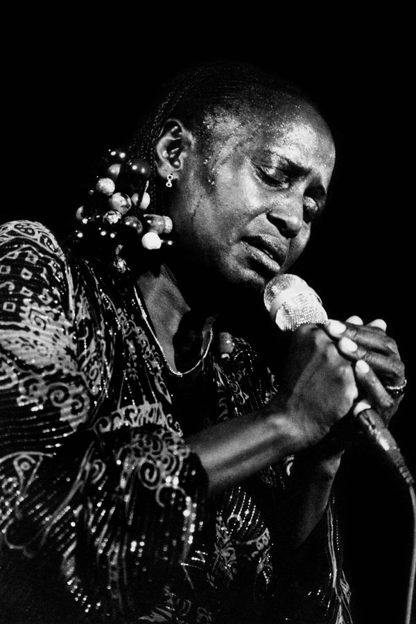 Alf Kumalo, Miriam Makeba sweats with emotion at a stage performance in Lesotho, 1981, printed 2025