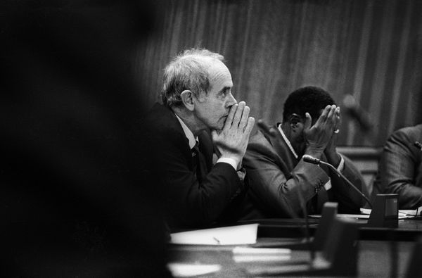 Paul Weinberg, Judge Johann Kriegler, head of the Independent Electoral Commission, visits President Mangope, then president of Bophutatswana, to inform him the homeland will be terminated at the end of the elections, Mafikeng, 1994, 2024