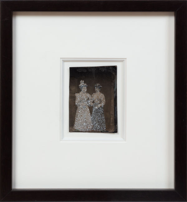 John Latour, Two ladies with fine dresses and hats, arm in arm. Woman to the right holding a book and parasol in left hand, 2012