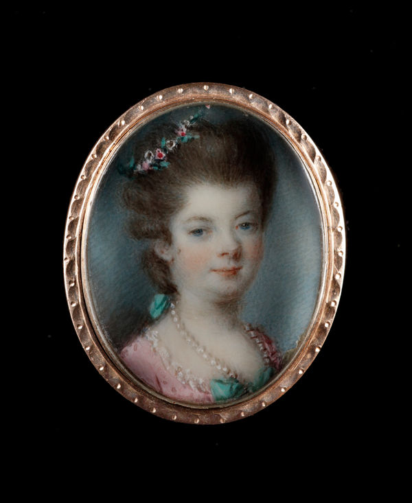 French School, A Noblewoman, wearing lace-trimmed pink dress with green ribbon, a matching green ribbon in her upswept hair, c. 1770