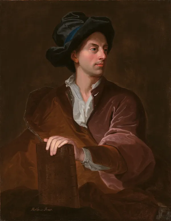 Circle of John Francis Rigaud RA, Portrait of Mathew Prior holding a book, wearing velvet coat and hat, c. 1700