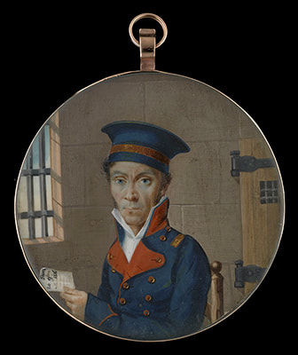 French School, Portrait miniature of an Officer, wearing dark blue uniform with red collar and lapels, his dark blue hat with gold braid, seated in a prison cell, a letter in his left hand inscribed ‘Paris/ 20 9bre/ 1816’, 1816