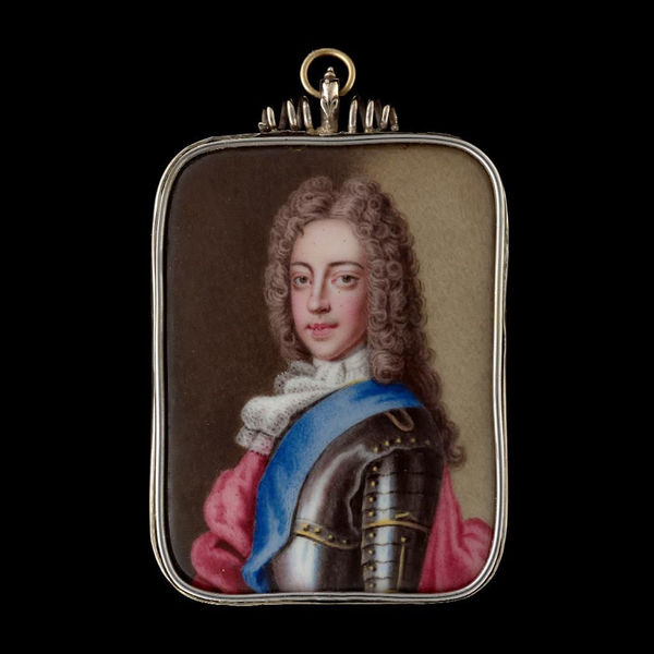French School, Portrait enamel of Prince James Francis Edward Stuart, ‘The Old Pretender’ (1688-1766), wearing suit of armour, blue sash of the Order of the Garter, white lace chemise and stock, red mantle, his wig worn curled and powdered, c. 1705