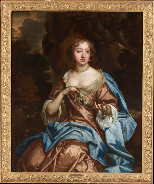 Peter Lely Portrait of a Noblewoman in a light brown satin dress and blue wrap in c. 1670 currently for sale at Philip mould & company