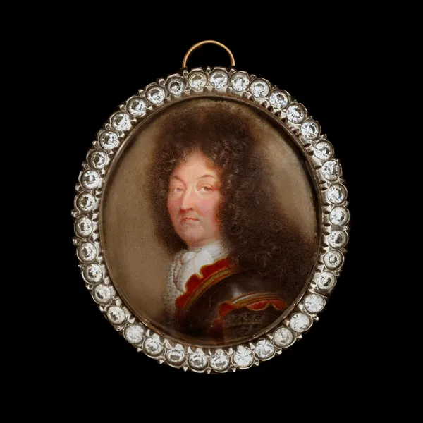 Jean Petitot the Younger, King Louis XIV of France (1638-1715), wearing red-trimmed armour, Venetian lace cravat, the blue moiré sash of the Order of the Saint-Esprit across his chest, 1701