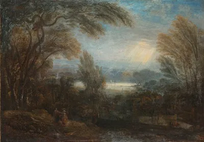 Follower of Sir Joshua Reynolds PRA, FRS, FRSA, A view across the Thames from Richmond Hill, with travellers on a path, late 18th century