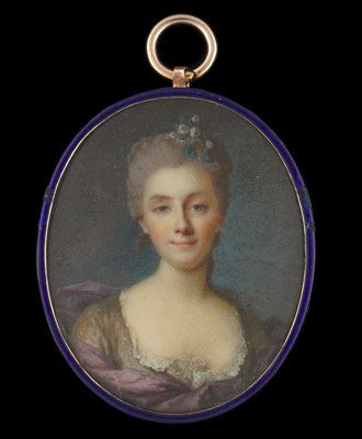 French School, Portrait miniature of a Lady, wearing brown dress with white chemise and purple cloak, flowers in her upswept powdered hair, Mid 1750s