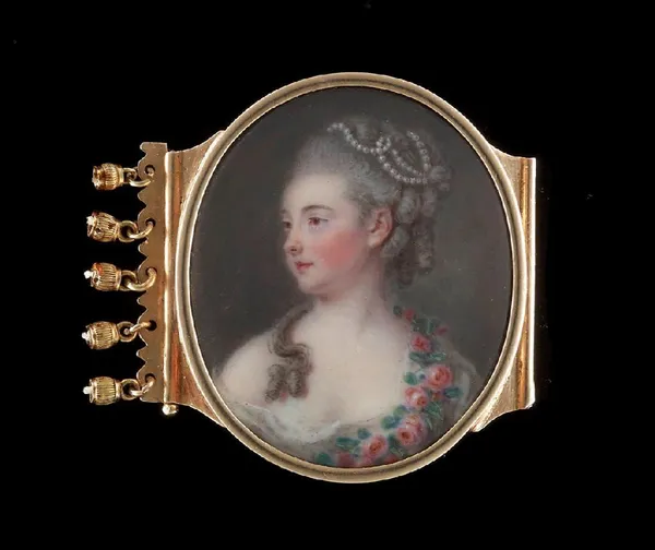 Attributed to Pierre Pasquier, Portrait enamel of Michelle Guesnon de Bonneuil (née Sentuary) (1748-1829), wearing white gown with pink roses draped across her shoulder, her hair curled and powdered and decorated with pearls, c. 1773