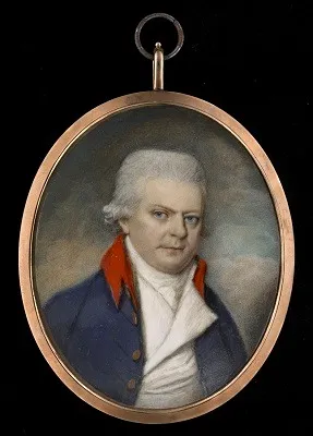 George Place, Portrait miniature of a Gentleman, wearing blue coat with red collar, white waistcoat and stock, late 18th century