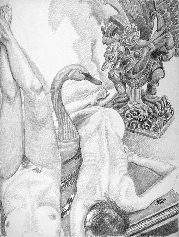 Philip Pearlstein, Two Models with Swan Decoy and Carved Garuda Figure, 2013