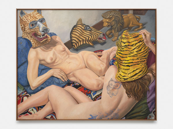 Philip Pearlstein, Two Models with Three Masks and Carousel Lion, 2015