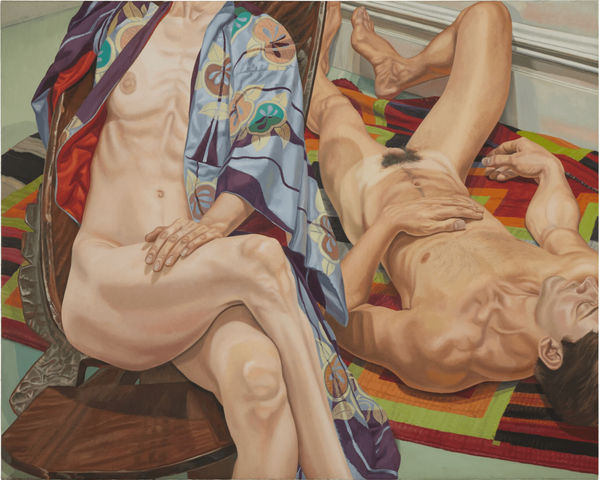 Philip Pearlstein, Female Model in Kimono on Dogon Chair, Male Model on Chiefs Blanket, 1981